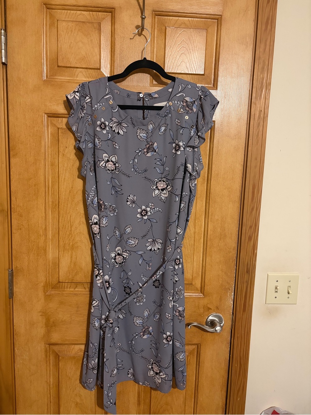 LOFT Lavender Floral Midi Dress with Ruffle Sleeves